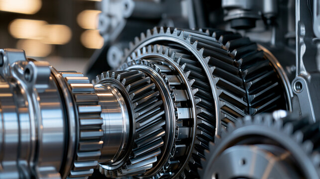 Close-up of a high-tech metal gear assembly in a car engine. Ideal for industrial engineering and automotive.