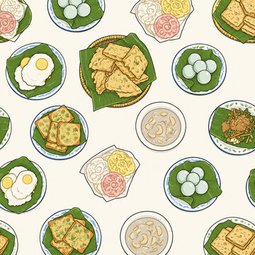 Seamless pattern illustration featuring traditional Indonesian food spread including crispy tempeh mendoan fried egg pecel salad kerupuk crackers and kolak on a light background