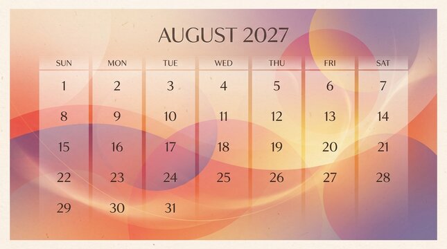 August 2027 calendar page with colorful abstract background