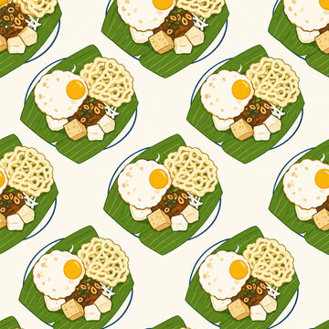 Seamless pattern with Indonesian pecel rice plates fried egg and banana leaf