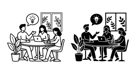 Fototapeta premium Teamwork Collaboration, Business Meeting Icons, Brainstorming Session, Idea Generation Vector Set