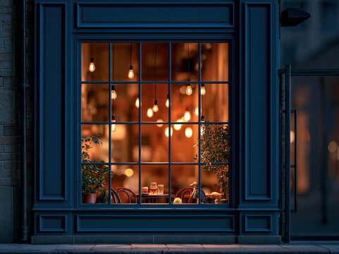 Evening lights glow in a cafe window showing cozy seating and drinks on tables