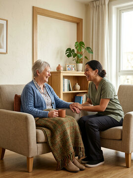 Two women are sitting on armchairs inside a warmly lit living room under soft natural daylight