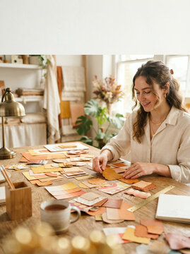 Woman arranging leather swatches on a wooden table beside a bright window