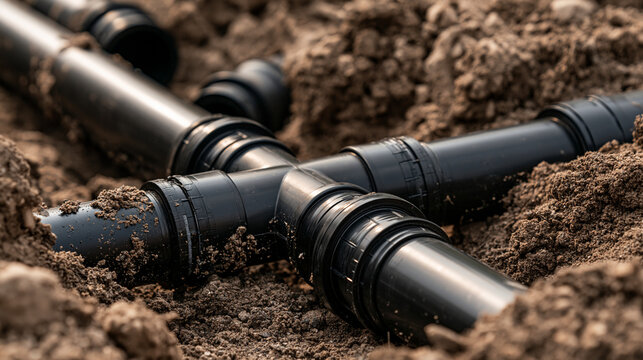 Black plastic pipes installed in a trench underground. Essential infrastructure for civil engineering and utility.