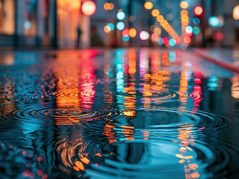 Colors reflect in rain puddles on a city street during the night with lights from buildings illuminating the wet ground