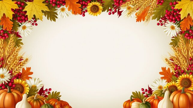 Rustic Autumn Harvest Frame with Pumpkins, Sunflowers, Wheat and Red Berries on Warm Background