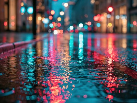 Bright lights reflect on wet street after rain at night in a city