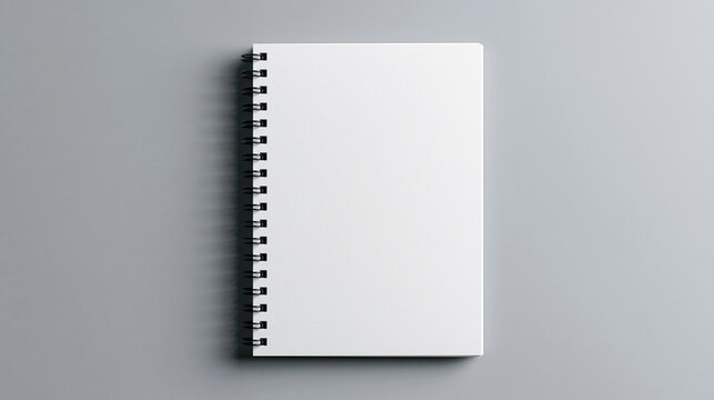 Blank white spiral notebook mockup on a grey background. Perfect template for corporate branding or educational designs.