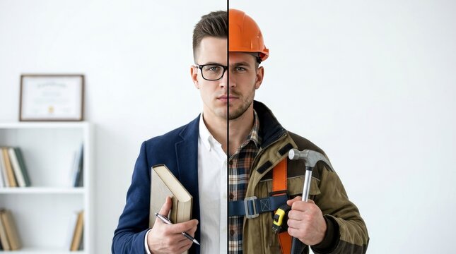 Man split screen as office professional and construction worker