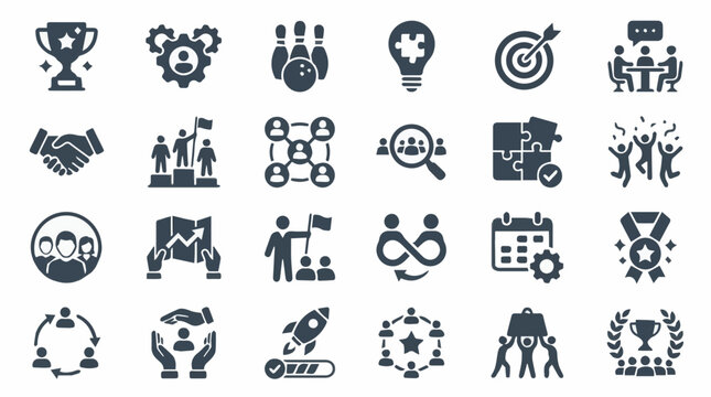 Team Goals and Achievement Filled Icon Collection with Trophy Gear Meeting Solution and Victory Symbols