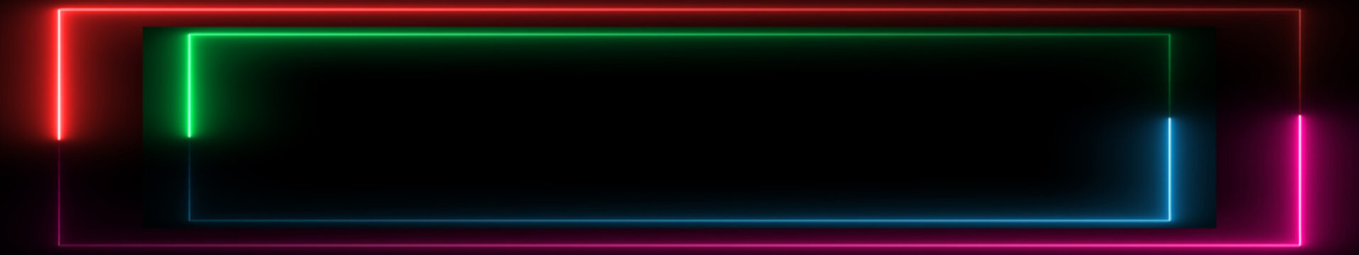 Ultrawide Neon Double Frame Border with Glowing Red Green Blue and Pink Lights on Black Background, Futuristic Rectangle Outline for Gaming Technology and Digital Design