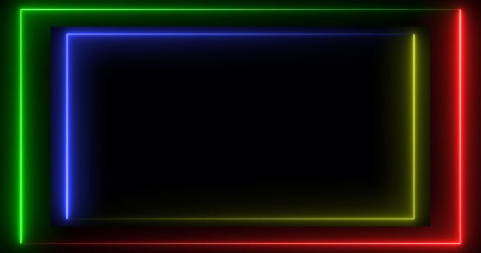 Multicolor Neon Frame with Glowing RGB Border on Black Background, Futuristic Digital Light Rectangle for Technology, Gaming, Streaming and Motion Graphics
