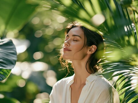 Woman enjoying nature among green plants in a garden during daytime