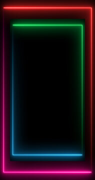 Vertical Neon Double Frame Border with Glowing Red Green Blue and Pink Lights on Black Background, Futuristic Rectangle Outline for Gaming Technology and Digital Design
