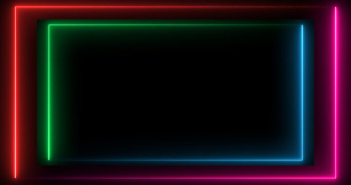 Neon Double Frame Border with Glowing Red Green Blue and Pink Lights on Black Background, Futuristic Rectangle Outline for Gaming Technology and Digital Design
