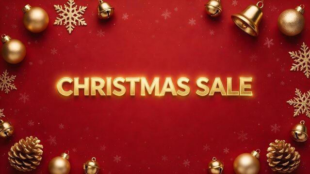 Commercial Christmas sale banner featuring clearly readable &ldquo;CHRISTMAS SALE&rdquo; typography on a festive red background, subtle snowflakes and gold ornaments, with generous copy space for retail advertisi