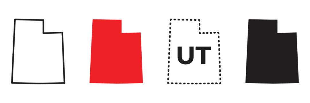 Utah state map icons set, 4 vector silhouettes of Utah borders. Red, black, and dotted outline map of Utah for infographics.