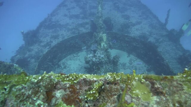 Moving camera gradually reveals an encrusted deck gun and surrounding wreck structure on C-56 Juan Escutia in Puerto Morelos, Quintana Roo, Mexico.
