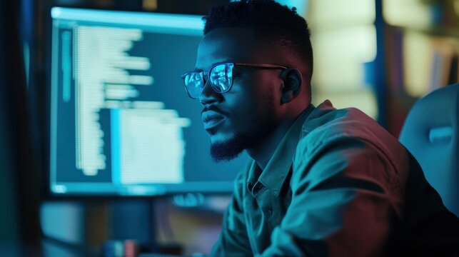 Focused black programmer immersed in coding, navigating lines of code on screen