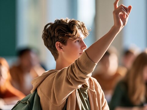 Student raises hand to answer question in classroom during morning lesson