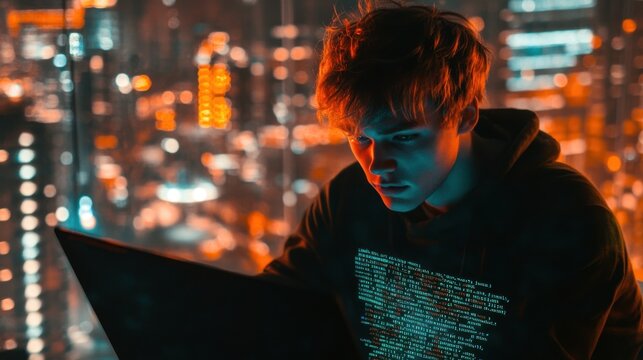 Engrossed developer codes in the city lights ambiance, coding, digital world