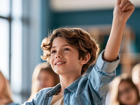 Boy raises his hand in classroom while others look on in a bright indoor setting