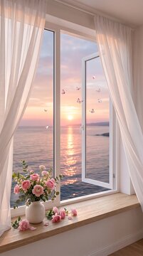 Open window overlooking calm sea sunset with pink flowers in vase butterflies flying sheer curtains serene home view