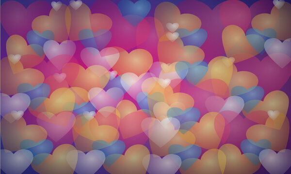Colorful heart bokeh background, vibrant romantic pattern with soft glowing hearts, abstract love texture for Valentine's Day