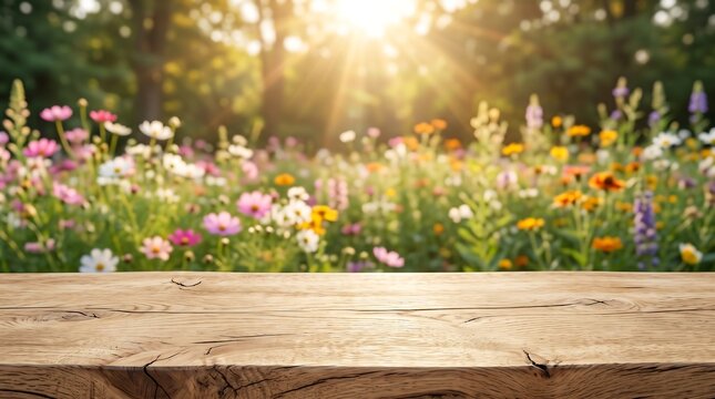 Empty wooden table surface with blurred summer flower garden background for product placement and nature advertising.