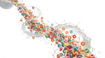 Fototapeta premium Milk splash explosion with colorful fruity loop cereal rings, Froot Loops style, flying and isolated on a white background.