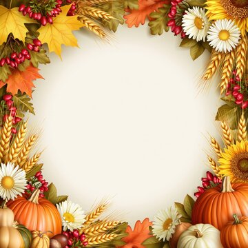 Rustic Autumn Harvest Frame with Pumpkins, Sunflowers, Wheat and Red Berries on Warm Background
