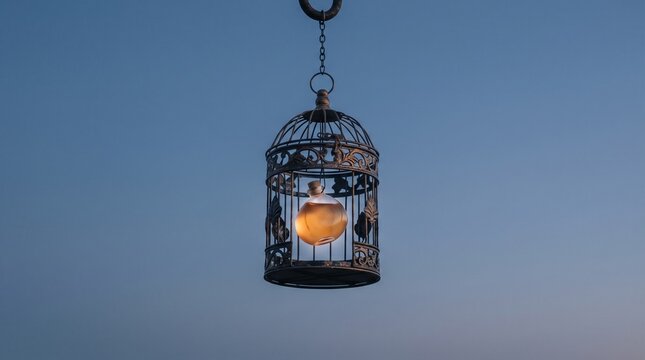 Fragrance bottle suspended in birdcage against twilight sky, ethereal photography