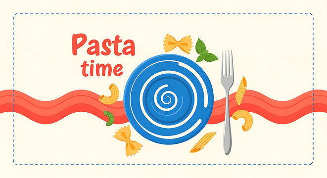 Creative pasta illustration featuring a blue plate with italian food elements like macaroni and penne in a modern flat vector style for a menu or