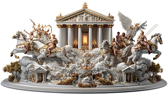 Ancient greek temple sculpture with horses and figures high resolution image