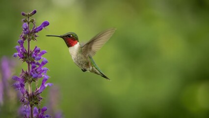 Obraz premium Hummingbird hovering near vibrant purple flowers in a lush green garden, showcasing intricate feather details and natural beauty of wildlife closeup