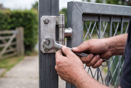 Close up of worker hands tightening a bolt on a metal gate hinge with a wrench. Manual labor and home maintenance concept