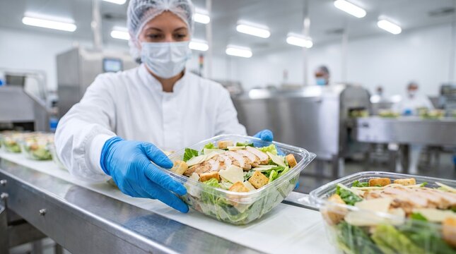 Factory worker in protective gear packaging fresh salad meals on a production line