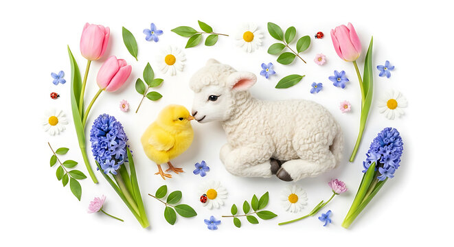 Cute Easter lamb and tiny chick with spring flowers like tulips and hyacinths on a white background for a seasonal holiday concept