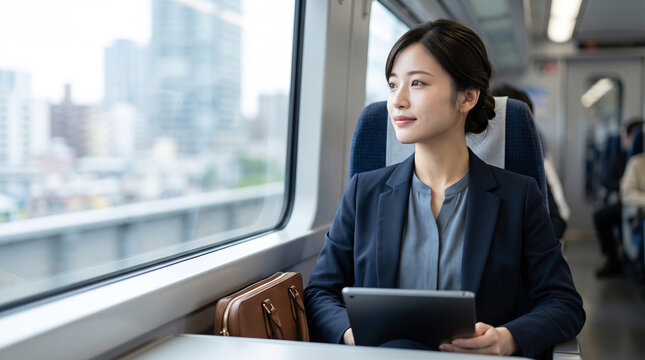 新幹線の車内でタブレット端末を持ち外を眺めるビジネスパーソンの女性 出張