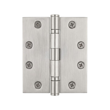 Brushed nickel door hinge with visible screw heads on a clean white background