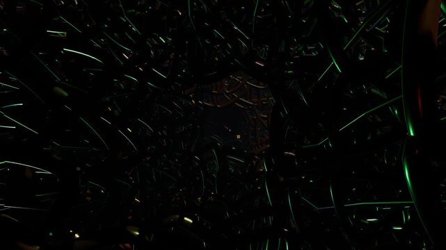Abstract 3D tunnel of tangled black cables with glowing green highlights
