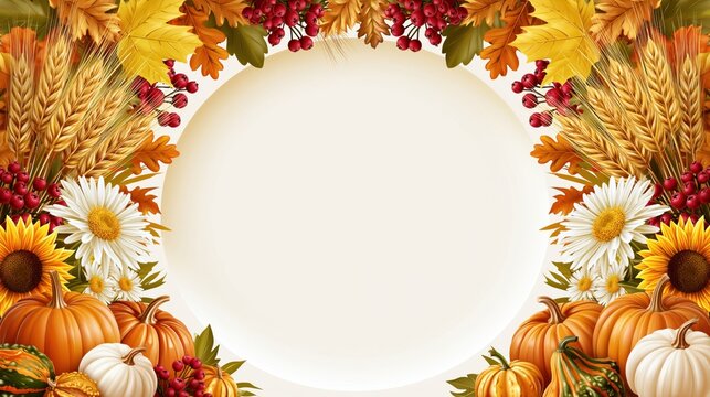 Rustic Autumn Harvest Frame with Pumpkins, Sunflowers, Wheat and Red Berries on Warm Background