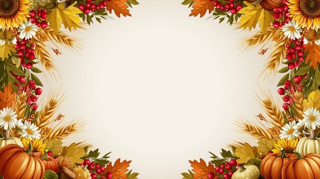 Rustic Autumn Harvest Frame with Pumpkins, Sunflowers, Wheat and Red Berries on Warm Background