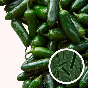 Pile of fresh jalapeno peppers with magnified bacteria concept, illustrating Salmonella outbreak, contaminated produce, food recall, foodborne disease and consumer safety