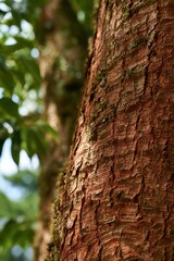 Fototapeta premium Macro study of persimmon tree bark amid lush garden greenery