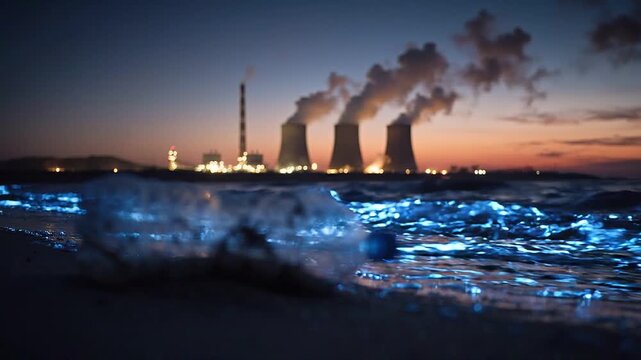 Plastic water bottle lying on sandy beach with glowing waves, industrial power plant in the background emitting smoke during twilight hours
