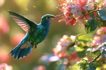 Naklejka premium Macro-style hummingbird portrait with blooming flowers, natural light and delicate brushwork