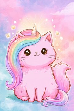 Magical rainbow cat character: adorable kittycorn for a cheerful poster design