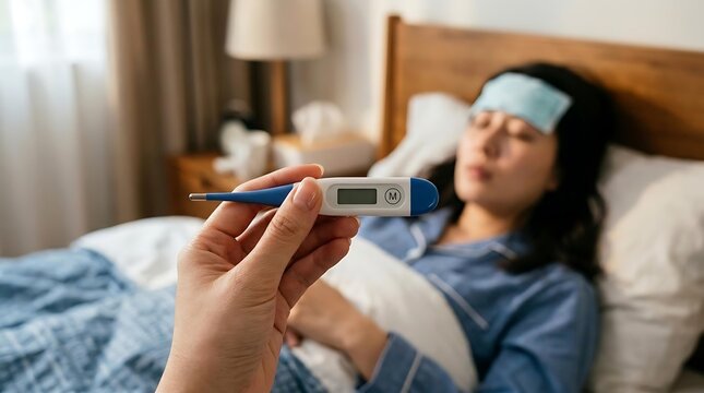Hand holding digital thermometer to check fever of sick Asian woman in bed with cooling patch, home healthcare for seasonal fever and high body fever treatment.
